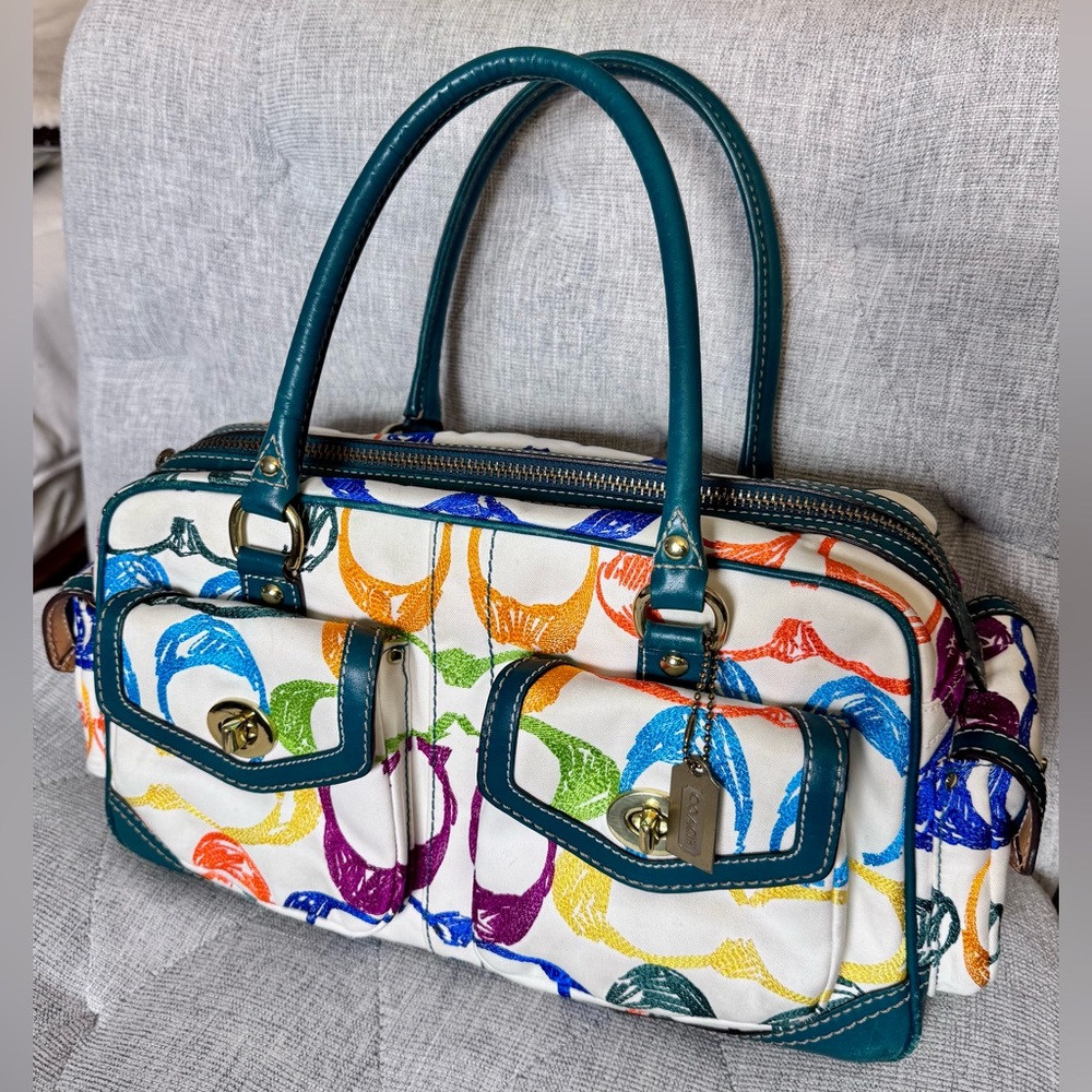 Coach Limited Edition Teal Multicolor Scribble Stitch Pocket Satchel 1847